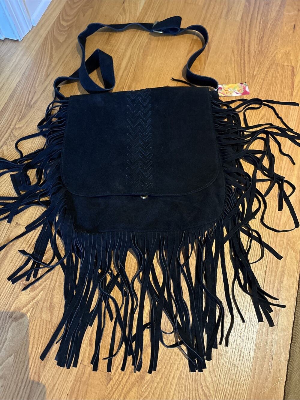 Raj Anthropologie Large black Fringe Suede Shoulder Tote Bag stitch detail NWT